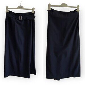 90s Comme des Garçons Tricot Navy Wool Belted Midi Skirt, Size M